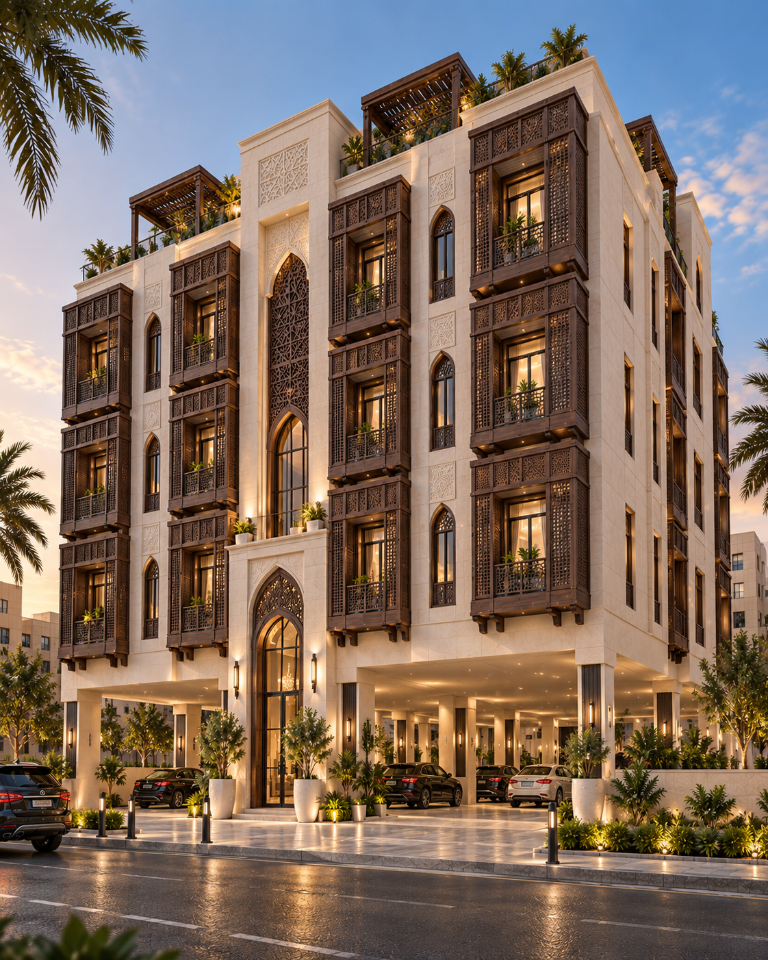 واجهة معمارية حديثة بمشربيات حجرية في السعودية